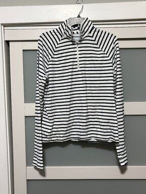 Lands' End Navy Stripe L/S Sunshirt Sun Swim 1/4 zip Ladies sz Large L NEW